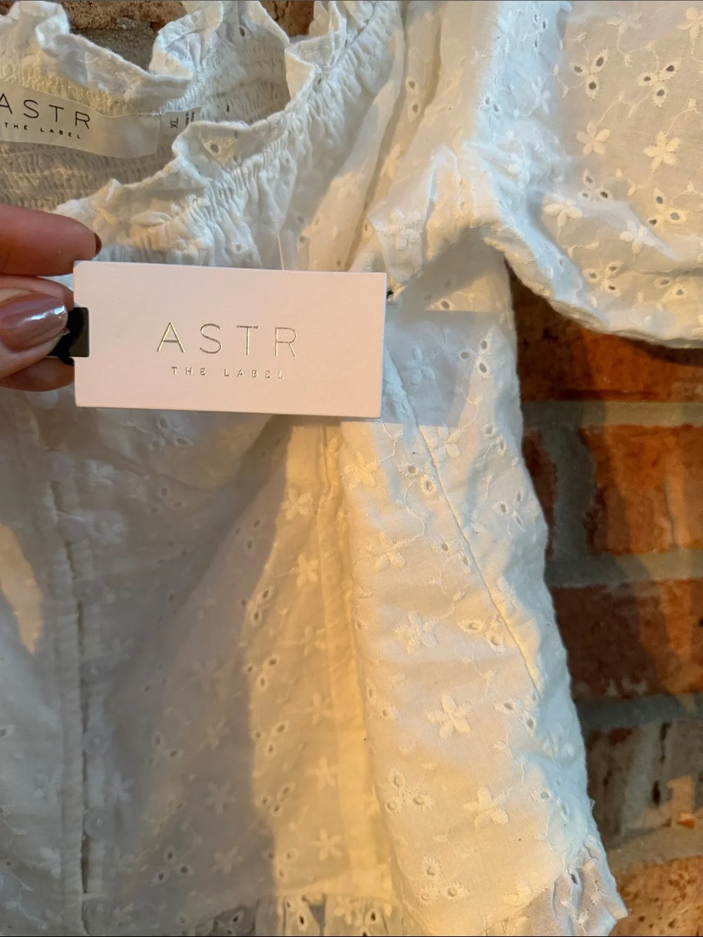 Astr White Eyelet Button-Front Peasant Top
